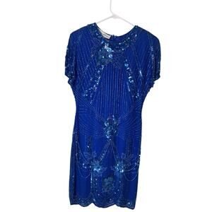 Vintage Lillie Rubin Dress Size Small Blue Pure Silk Hand Beaded Flapper Style